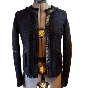 Rebecca Taylor | Tweed Moto Jacket | Leather Trim | Size 0 | Navy & Black